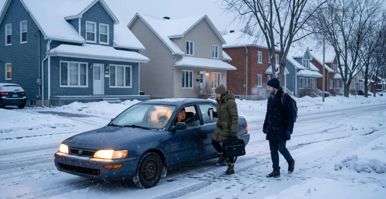 Un conducteur et deux passagers montent dans une voiture stationnée devant une résidence enneigée au Québec, tôt le matin.