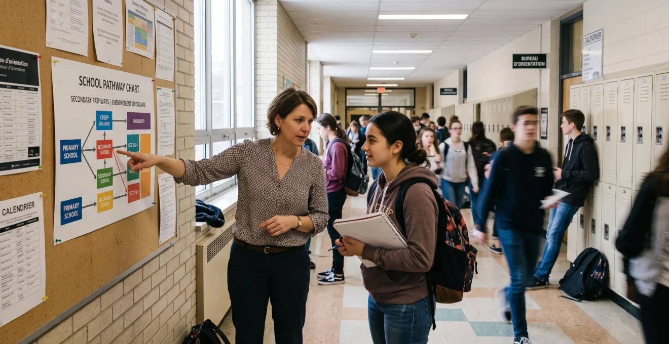 Une conseillère d'orientation explique un parcours scolaire affiché sur un panneau à un élève dans un couloir d'école secondaire.