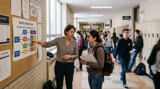 Une conseillère d'orientation explique un parcours scolaire affiché sur un panneau à un élève dans un couloir d'école secondaire.