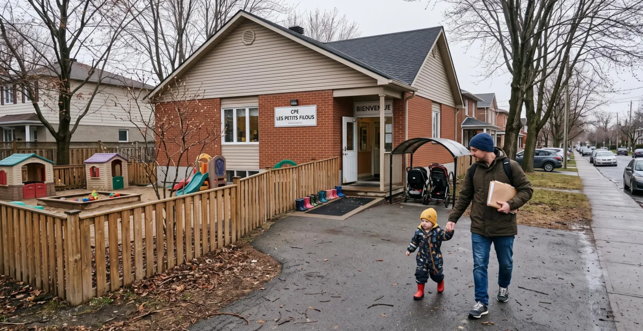 Un parent accompagné d'un jeune enfant marche vers l'entrée d'un centre de la petite enfance avec une aire de jeux clôturée.