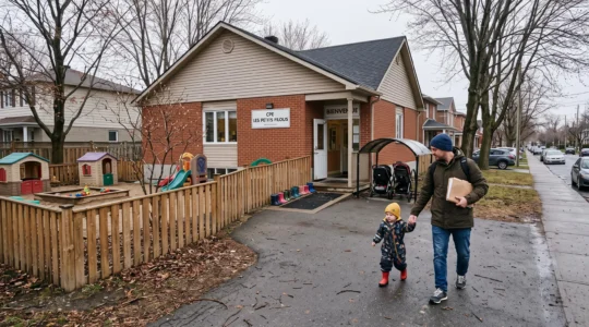 Un parent accompagné d'un jeune enfant marche vers l'entrée d'un centre de la petite enfance avec une aire de jeux clôturée.